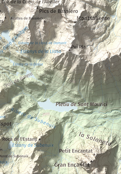 Mapa de relieve de Pic de Saboredo, 2830 m, Pallars Sobirà, lámina 100 Cims de Trobart. Detalle de la zona inferior derecha. 21 × 30 cm.