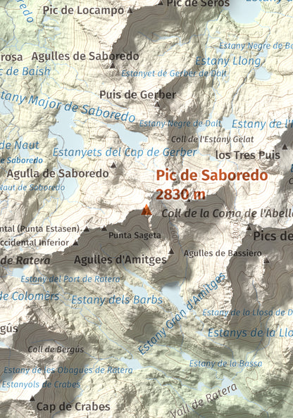 Mapa de relieve de Pic de Saboredo, 2830 m, Pallars Sobirà, lámina 100 Cims de Trobart. Detalle de la zona central. 21 × 30 cm.