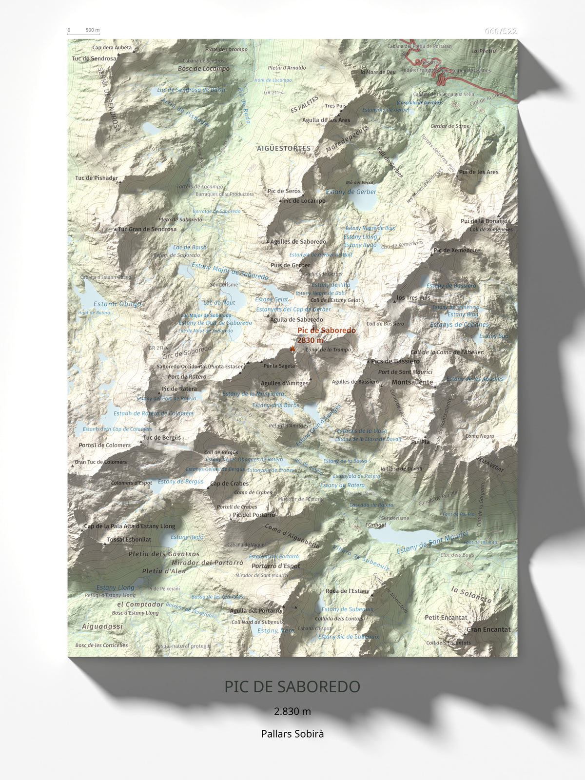 Mapa de relieve de Pic de Saboredo, 2830 m, Pallars Sobirà, lámina 100 Cims de Trobart 30 × 40 cm.