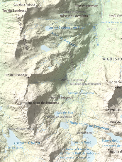 Mapa de relieve de Pic de Saboredo, 2830 m, Pallars Sobirà, lámina 100 Cims de Trobart. Detalle de la zona superior izquierda. 30 × 40 cm.