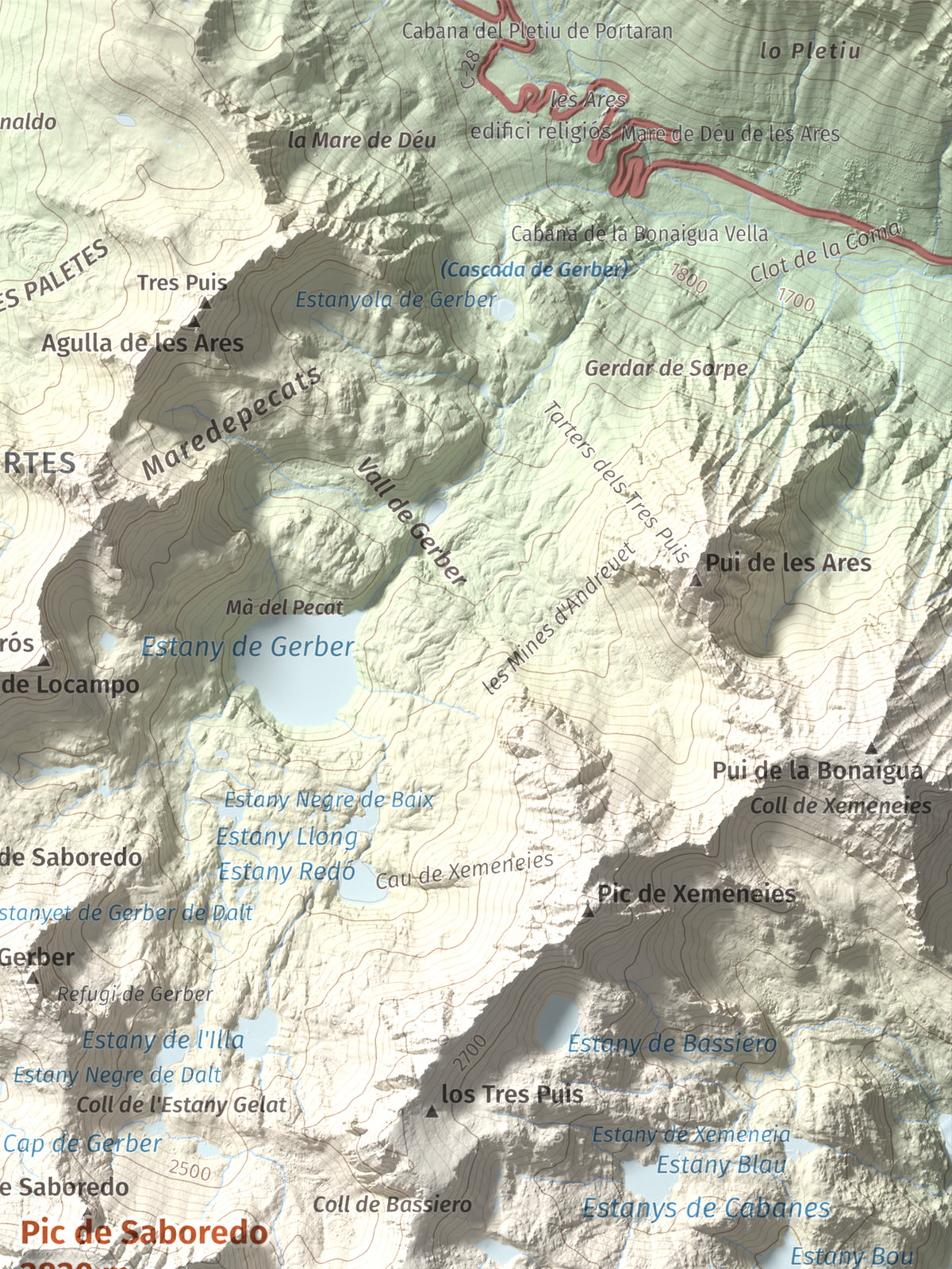 Mapa de relieve de Pic de Saboredo, 2830 m, Pallars Sobirà, lámina 100 Cims de Trobart. Detalle de la zona superior derecha. 30 × 40 cm.