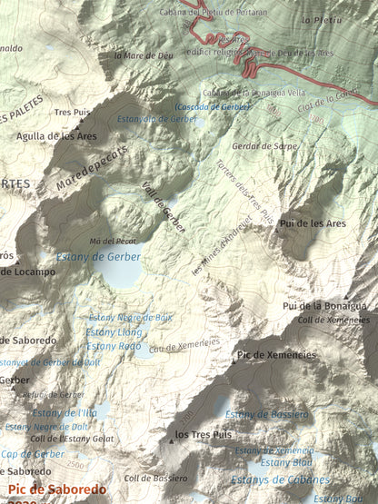 Mapa de relieve de Pic de Saboredo, 2830 m, Pallars Sobirà, lámina 100 Cims de Trobart. Detalle de la zona superior derecha. 30 × 40 cm.