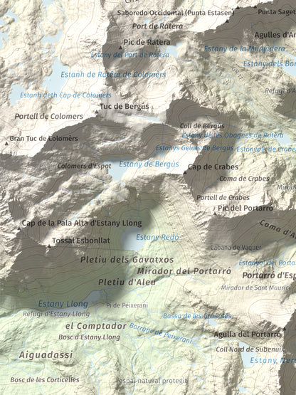 Mapa de relieve de Pic de Saboredo, 2830 m, Pallars Sobirà, lámina 100 Cims de Trobart. Detalle de la zona inferior izquierda. 30 × 40 cm.