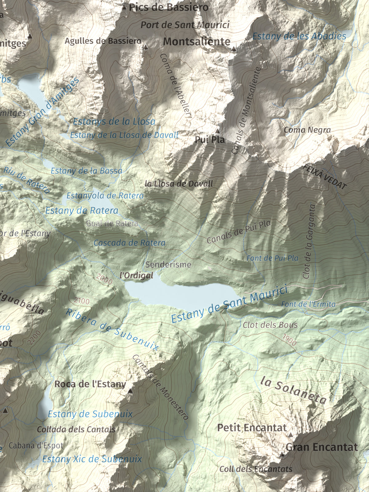 Mapa de relieve de Pic de Saboredo, 2830 m, Pallars Sobirà, lámina 100 Cims de Trobart. Detalle de la zona inferior derecha. 30 × 40 cm.
