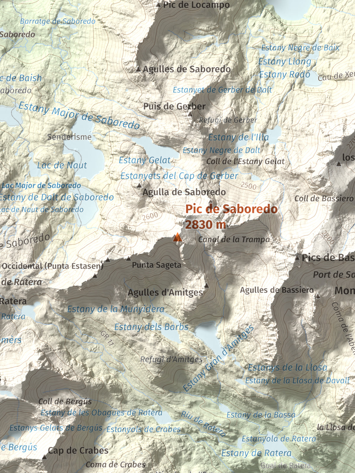 Mapa de relieve de Pic de Saboredo, 2830 m, Pallars Sobirà, lámina 100 Cims de Trobart. Detalle de la zona central. 30 × 40 cm.