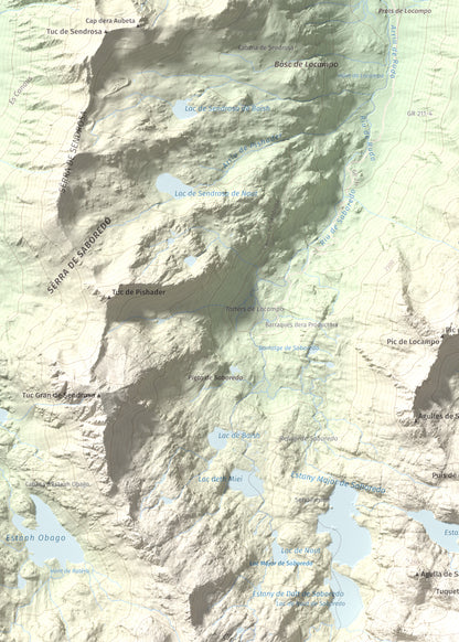 Mapa de relieve de Pic de Saboredo, 2830 m, Pallars Sobirà, lámina 100 Cims de Trobart. Detalle de la zona superior izquierda. 50 × 70 cm.