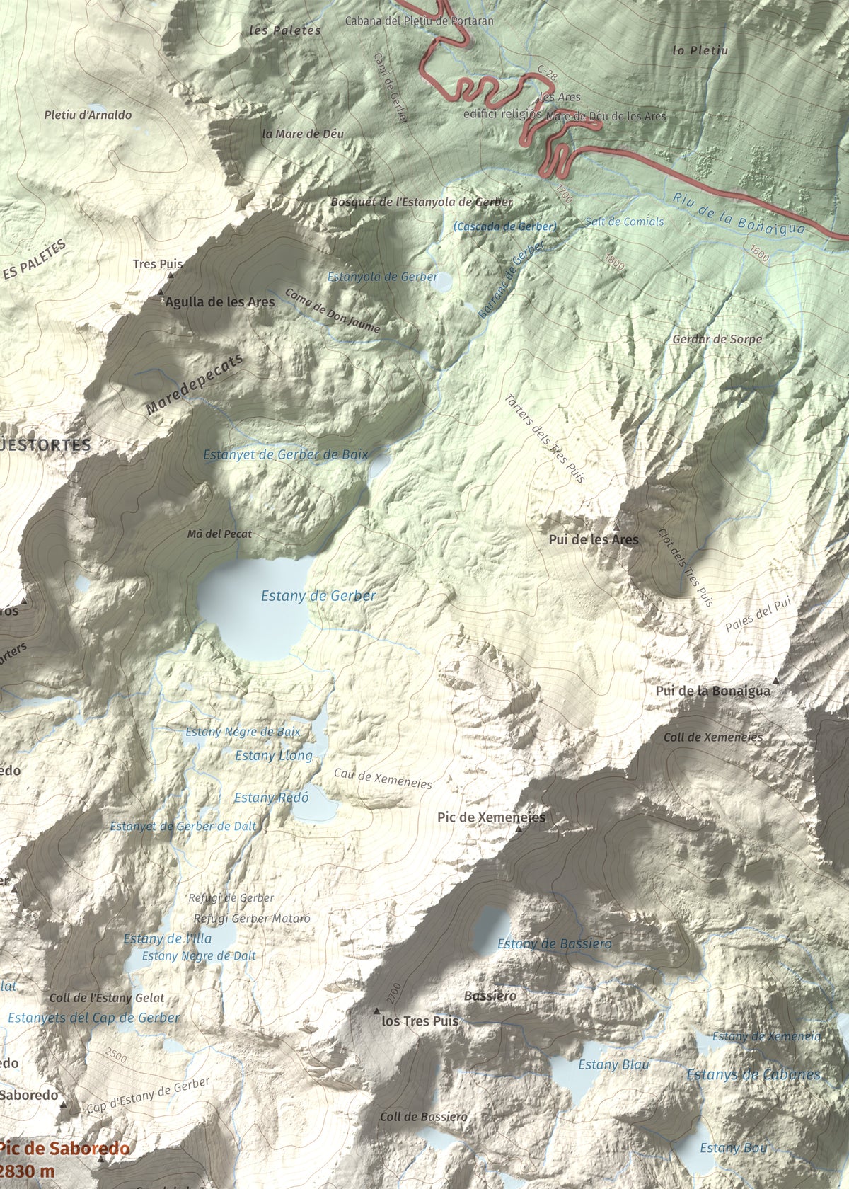 Mapa de relieve de Pic de Saboredo, 2830 m, Pallars Sobirà, lámina 100 Cims de Trobart. Detalle de la zona superior derecha. 50 × 70 cm.