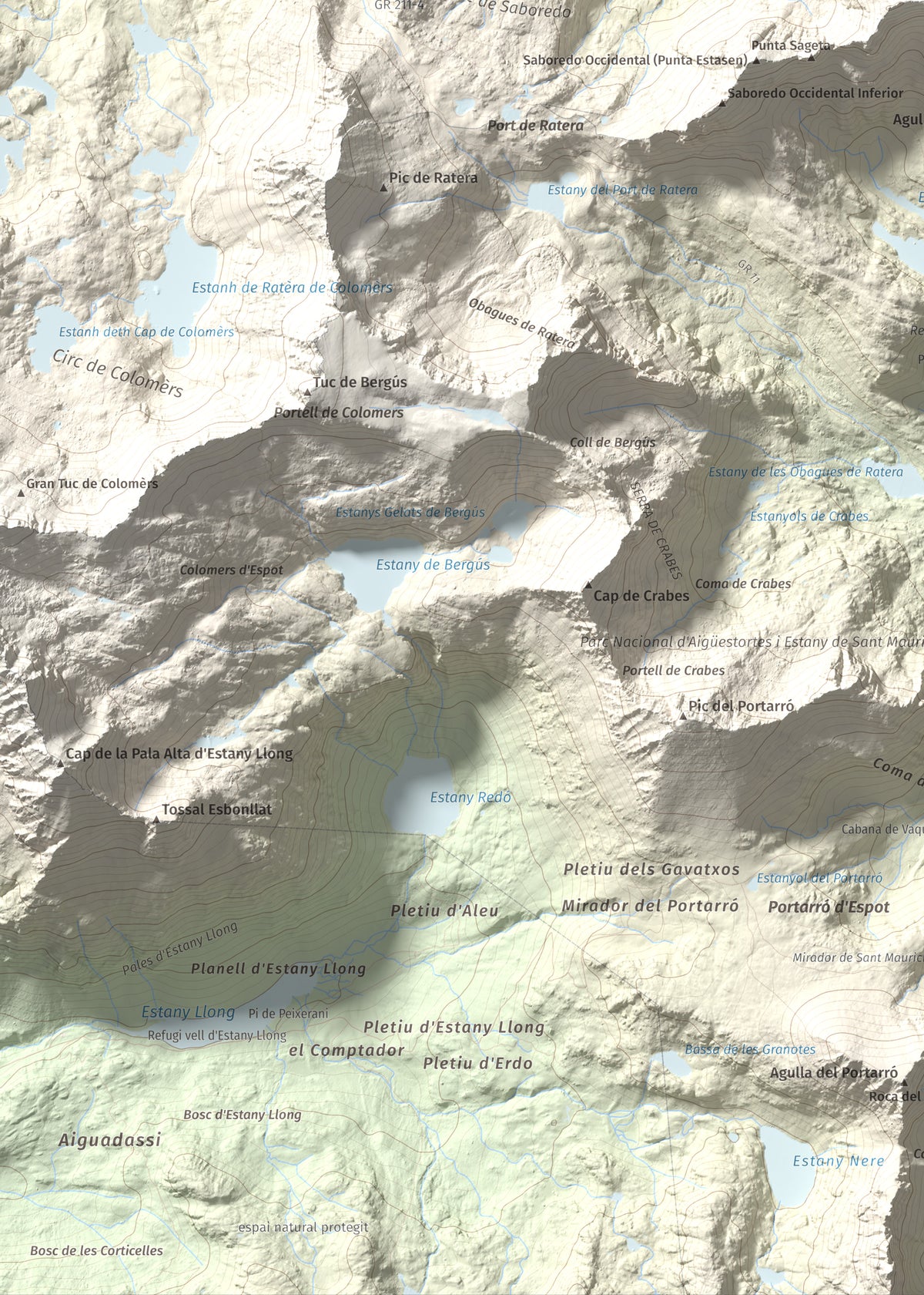 Mapa de relieve de Pic de Saboredo, 2830 m, Pallars Sobirà, lámina 100 Cims de Trobart. Detalle de la zona inferior izquierda. 50 × 70 cm.