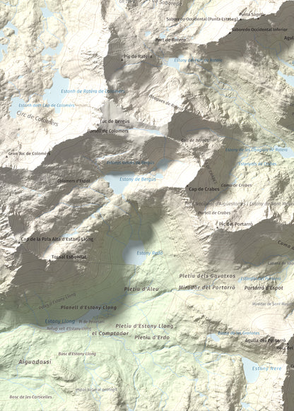 Mapa de relieve de Pic de Saboredo, 2830 m, Pallars Sobirà, lámina 100 Cims de Trobart. Detalle de la zona inferior izquierda. 50 × 70 cm.