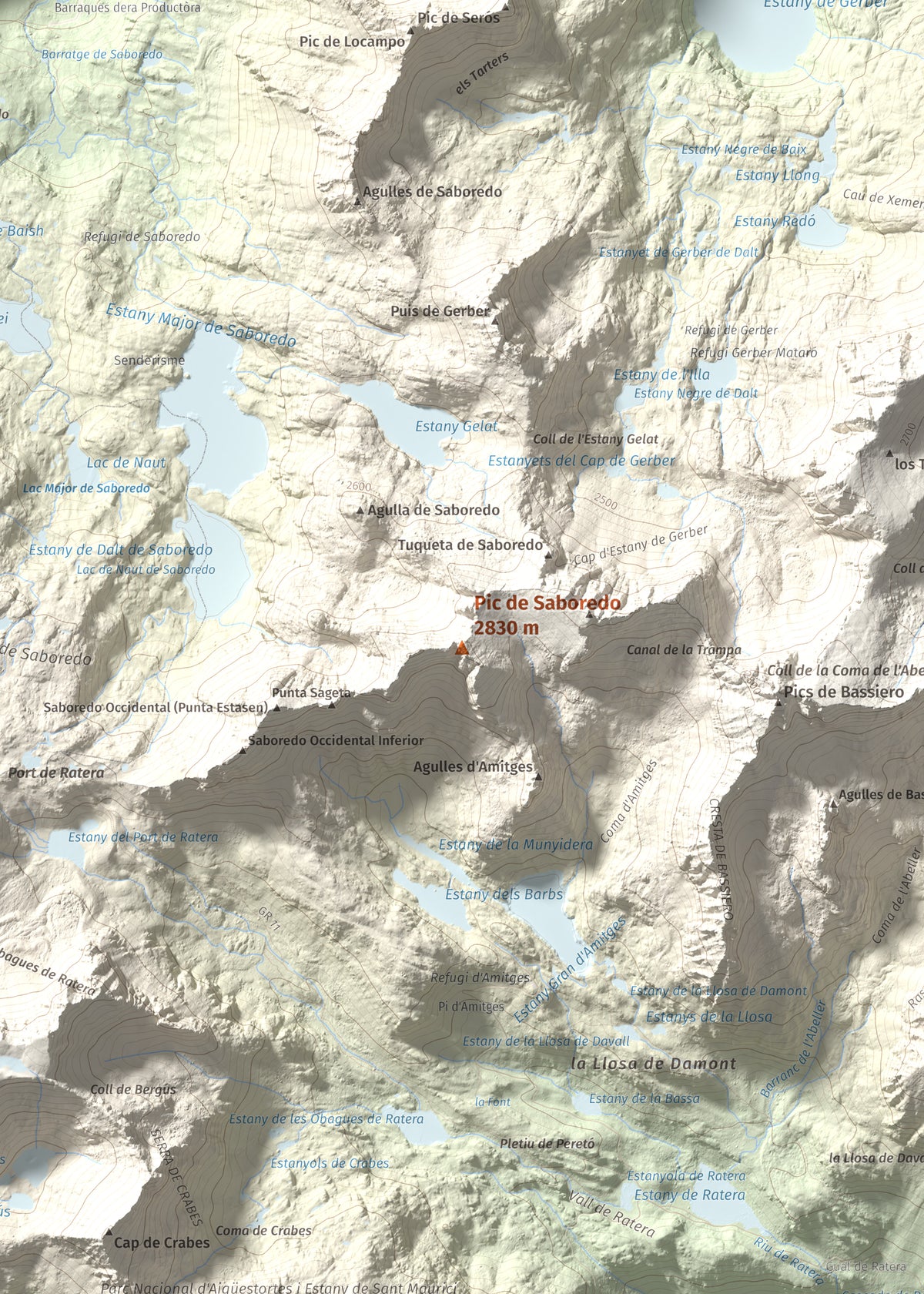 Mapa de relieve de Pic de Saboredo, 2830 m, Pallars Sobirà, lámina 100 Cims de Trobart. Detalle de la zona central. 50 × 70 cm.