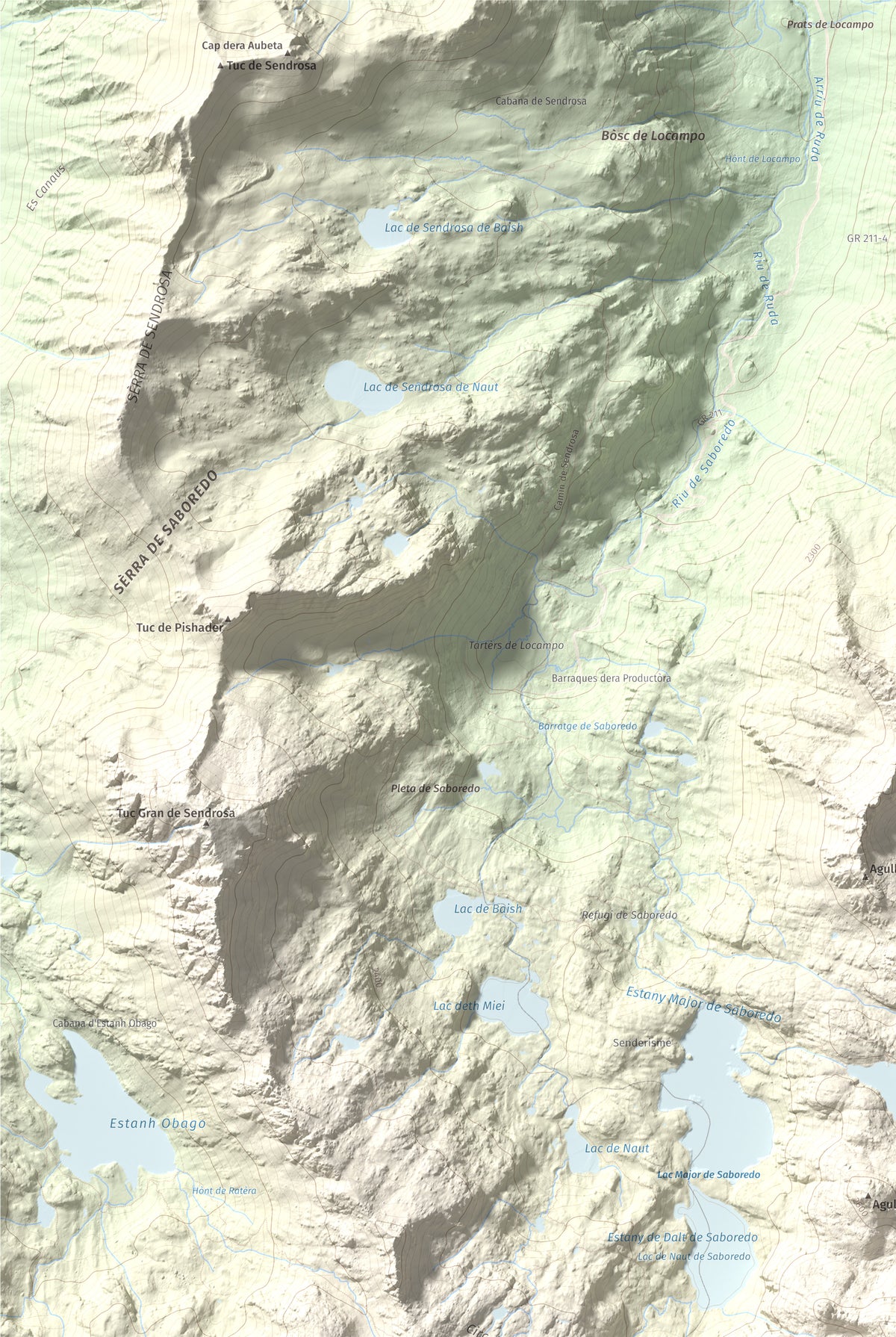 Mapa de relieve de Pic de Saboredo, 2830 m, Pallars Sobirà, lámina 100 Cims de Trobart. Detalle de la zona superior izquierda. 61 × 91 cm.