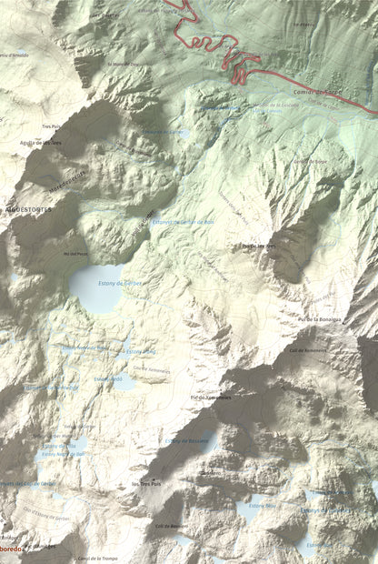 Mapa de relieve de Pic de Saboredo, 2830 m, Pallars Sobirà, lámina 100 Cims de Trobart. Detalle de la zona superior derecha. 61 × 91 cm.