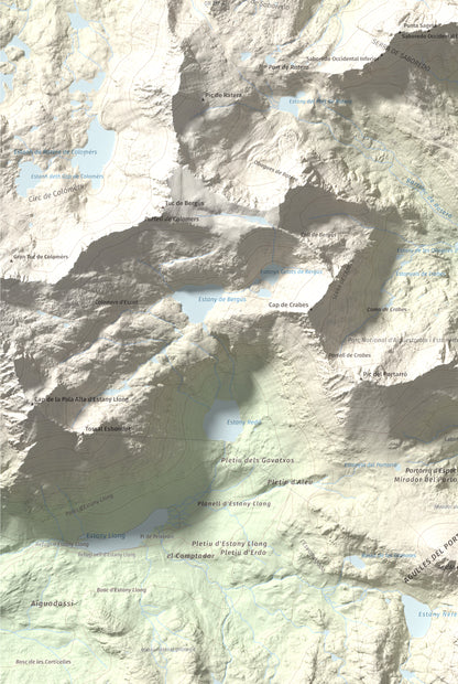 Mapa de relieve de Pic de Saboredo, 2830 m, Pallars Sobirà, lámina 100 Cims de Trobart. Detalle de la zona inferior izquierda. 61 × 91 cm.