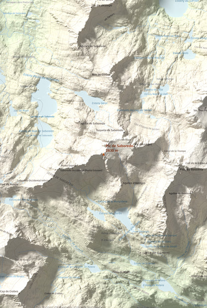 Mapa de relieve de Pic de Saboredo, 2830 m, Pallars Sobirà, lámina 100 Cims de Trobart. Detalle de la zona central. 61 × 91 cm.