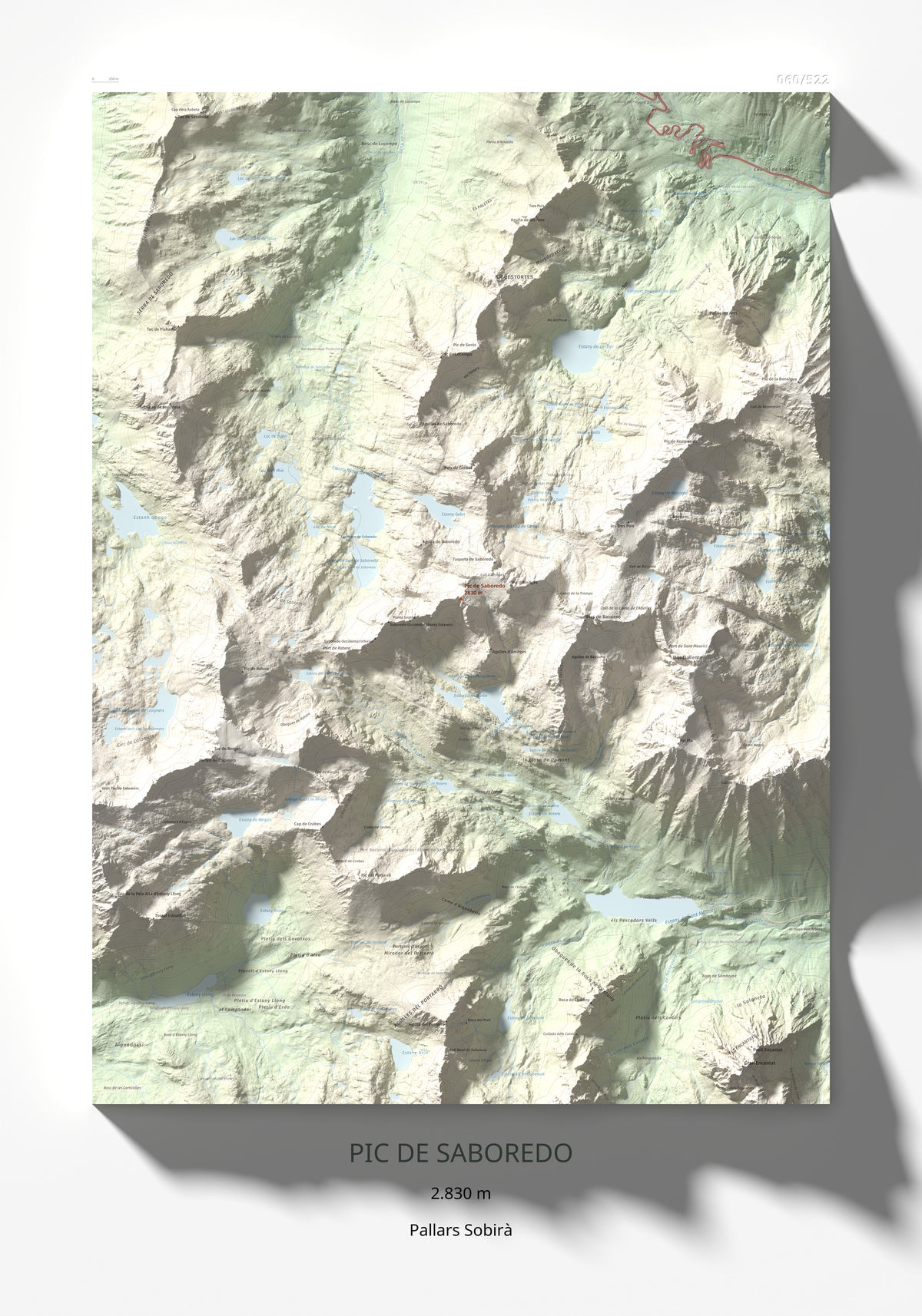 Mapa de relieve de Pic de Saboredo, 2830 m, Pallars Sobirà, lámina 100 Cims de Trobart 70 × 100 cm.