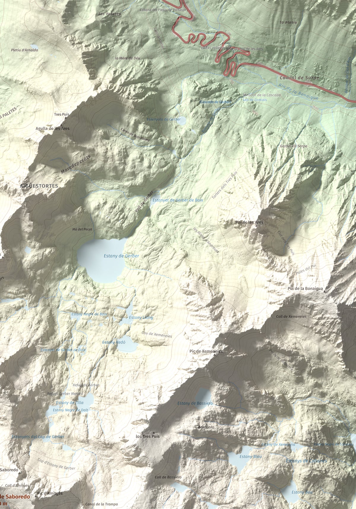 Mapa de relieve de Pic de Saboredo, 2830 m, Pallars Sobirà, lámina 100 Cims de Trobart. Detalle de la zona superior derecha. 70 × 100 cm.
