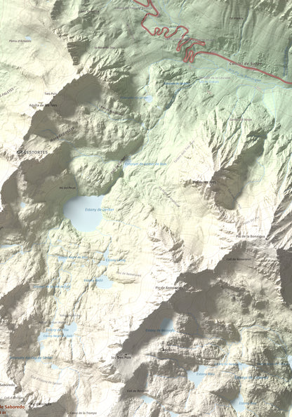Mapa de relieve de Pic de Saboredo, 2830 m, Pallars Sobirà, lámina 100 Cims de Trobart. Detalle de la zona superior derecha. 70 × 100 cm.