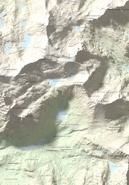 Mapa de relieve de Pic de Saboredo, 2830 m, Pallars Sobirà, lámina 100 Cims de Trobart. Detalle de la zona inferior izquierda. 70 × 100 cm.