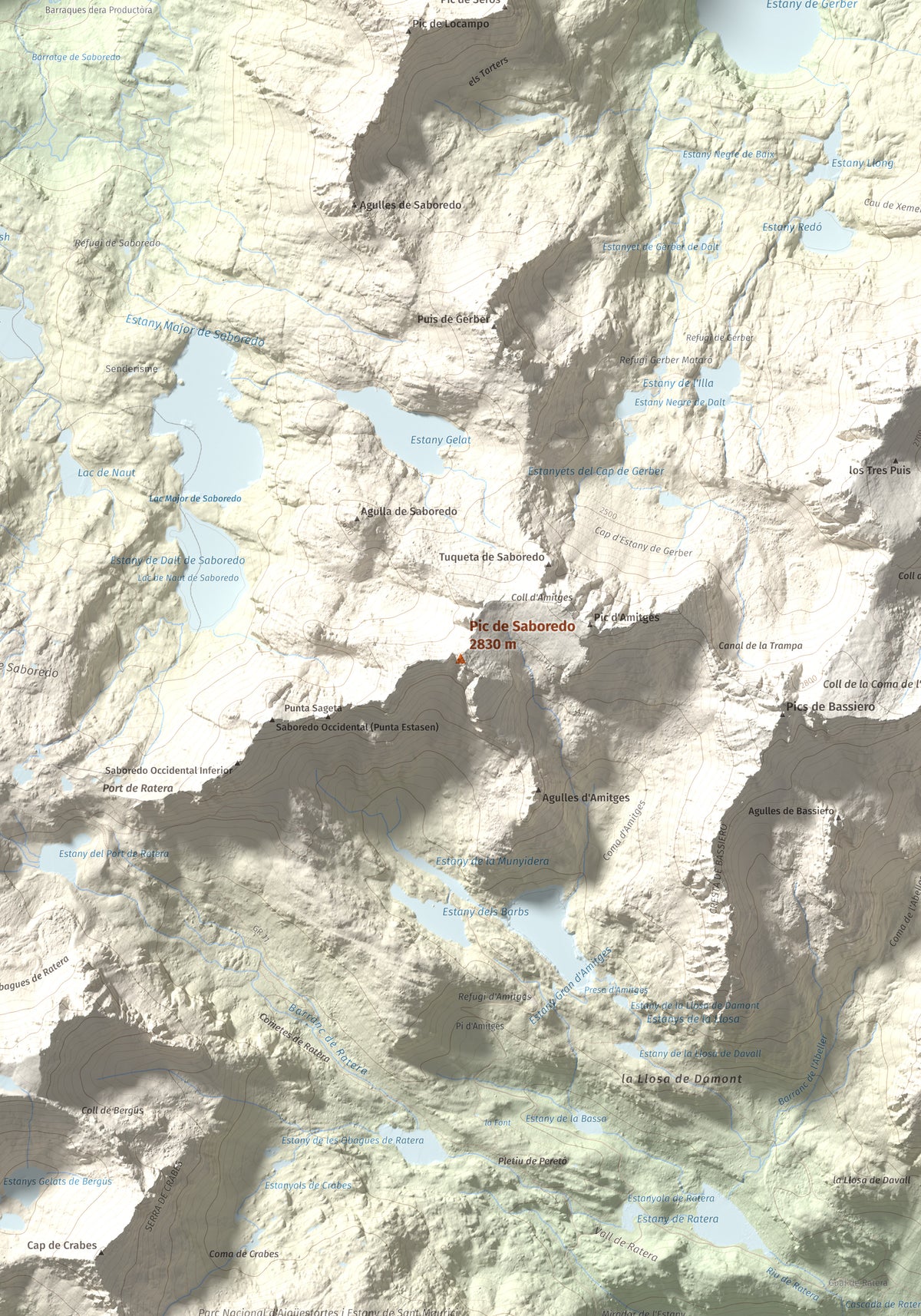 Mapa de relieve de Pic de Saboredo, 2830 m, Pallars Sobirà, lámina 100 Cims de Trobart. Detalle de la zona central. 70 × 100 cm.