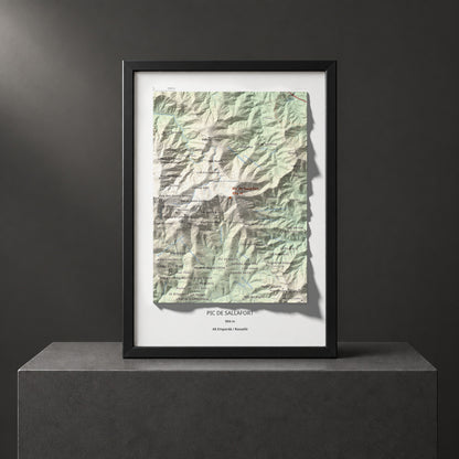 Mapa de relieve de Pic de Sallafort, 994 m, Alt Empordà · Rosselló, lámina 100 Cims de Trobart. Presentación enmarcada. 21 × 30 cm.