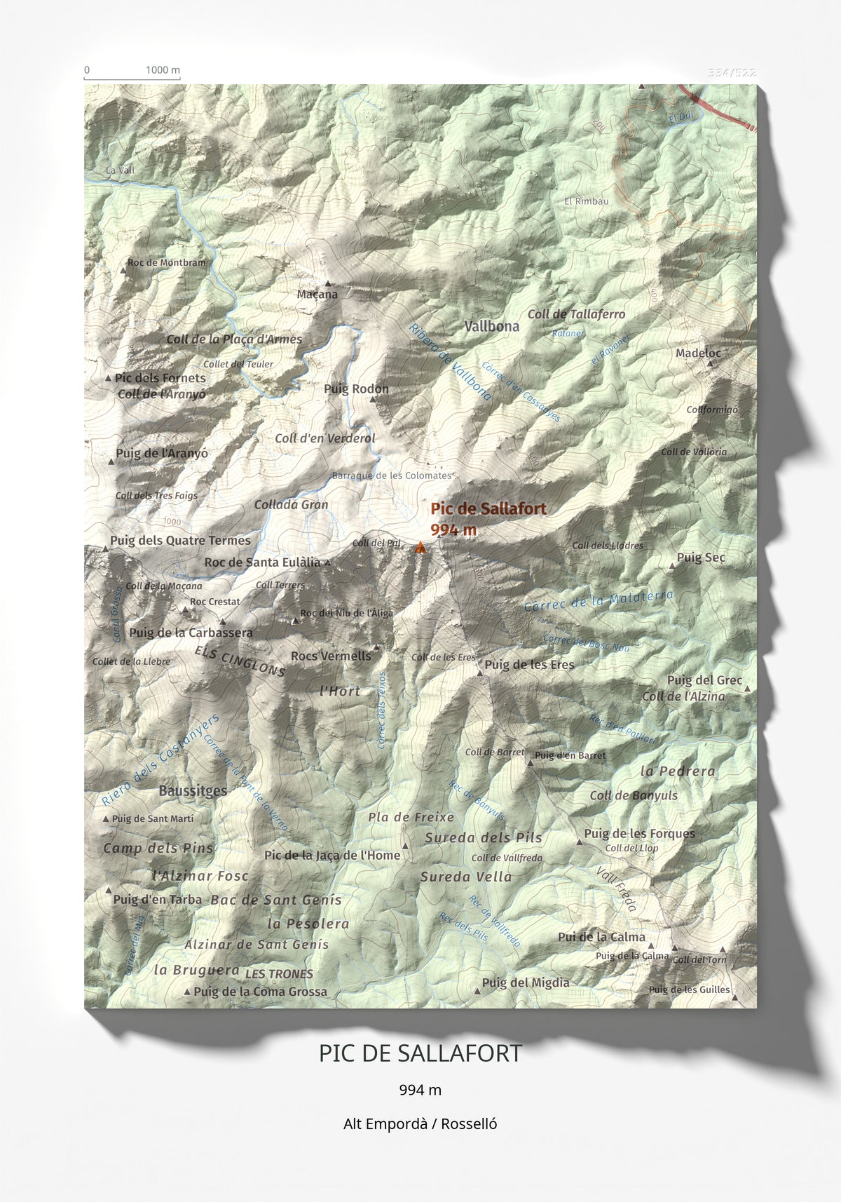 Mapa de relieve de Pic de Sallafort, 994 m, Alt Empordà · Rosselló, lámina 100 Cims de Trobart 21 × 30 cm.