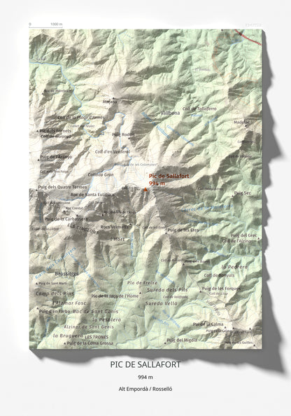 Mapa de relieve de Pic de Sallafort, 994 m, Alt Empordà · Rosselló, lámina 100 Cims de Trobart 21 × 30 cm.