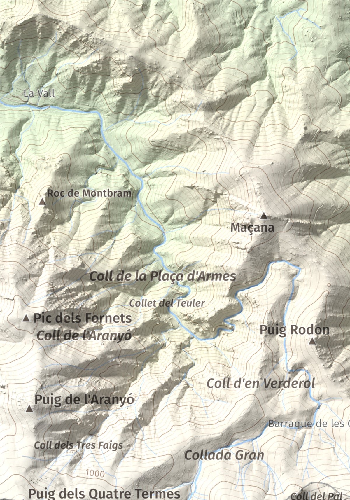 Mapa de relieve de Pic de Sallafort, 994 m, Alt Empordà · Rosselló, lámina 100 Cims de Trobart. Detalle de la zona superior izquierda. 21 × 30 cm.