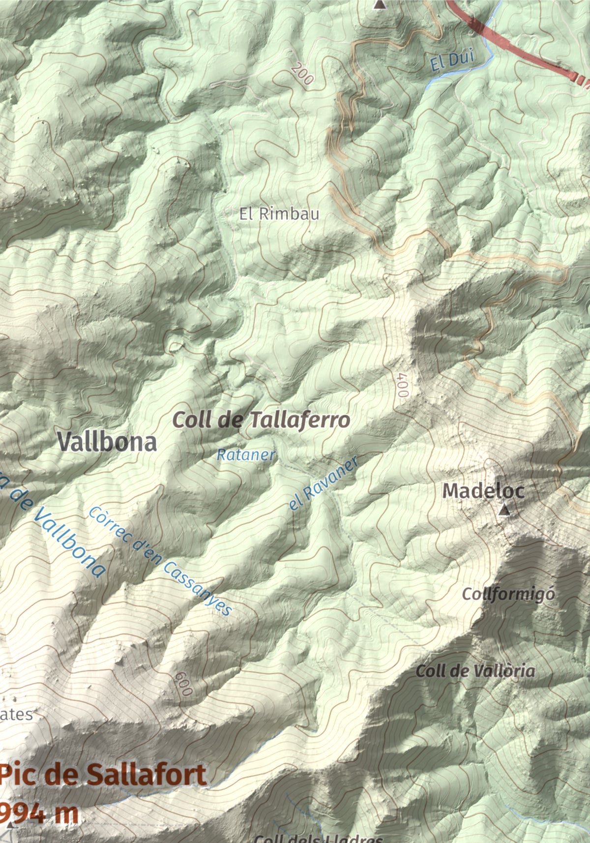 Mapa de relieve de Pic de Sallafort, 994 m, Alt Empordà · Rosselló, lámina 100 Cims de Trobart. Detalle de la zona superior derecha. 21 × 30 cm.