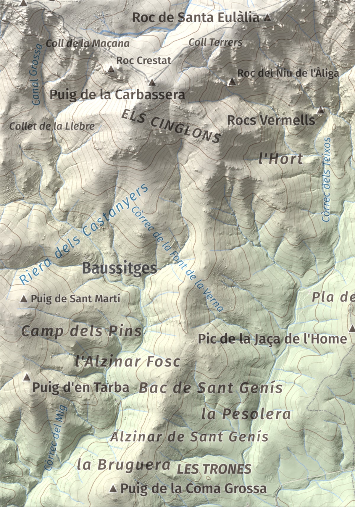 Mapa de relieve de Pic de Sallafort, 994 m, Alt Empordà · Rosselló, lámina 100 Cims de Trobart. Detalle de la zona inferior izquierda. 21 × 30 cm.