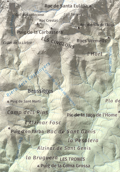 Mapa de relieve de Pic de Sallafort, 994 m, Alt Empordà · Rosselló, lámina 100 Cims de Trobart. Detalle de la zona inferior izquierda. 21 × 30 cm.