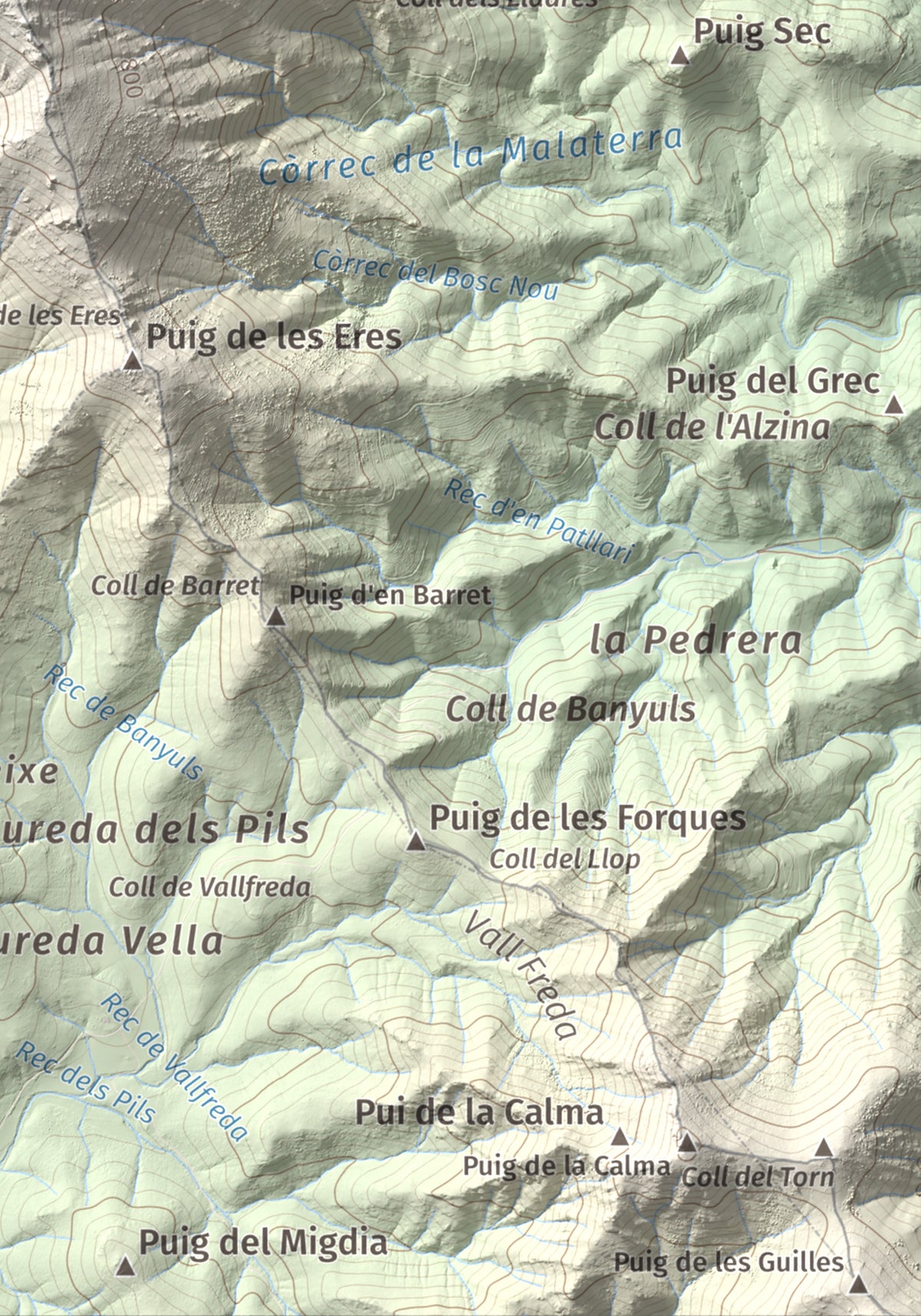 Mapa de relieve de Pic de Sallafort, 994 m, Alt Empordà · Rosselló, lámina 100 Cims de Trobart. Detalle de la zona inferior derecha. 21 × 30 cm.