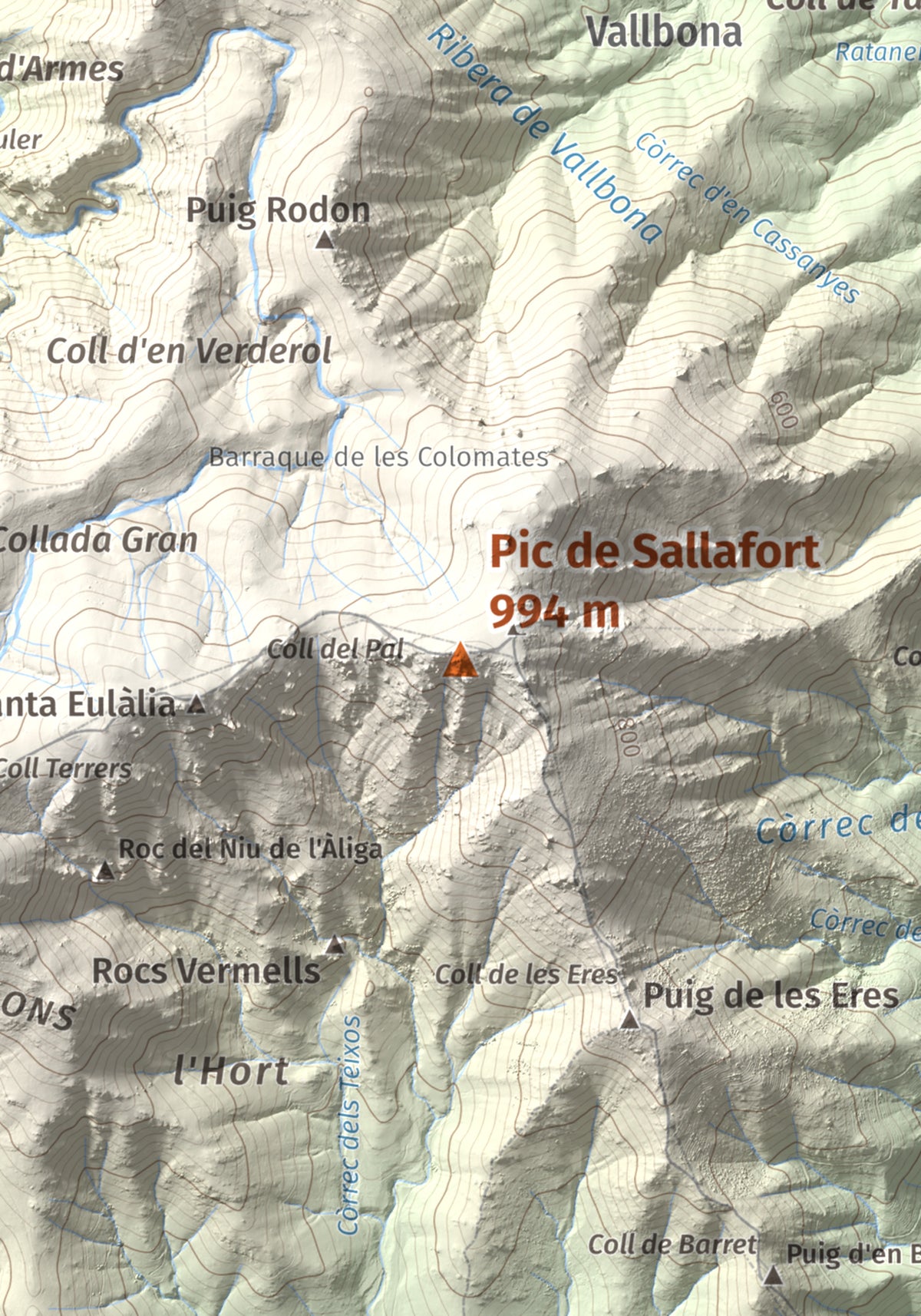 Mapa de relieve de Pic de Sallafort, 994 m, Alt Empordà · Rosselló, lámina 100 Cims de Trobart. Detalle de la zona central. 21 × 30 cm.
