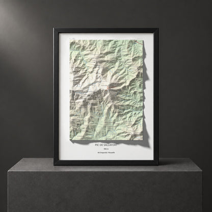 Mapa de relieve de Pic de Sallafort, 994 m, Alt Empordà · Rosselló, lámina 100 Cims de Trobart. Presentación enmarcada. 30 × 40 cm.
