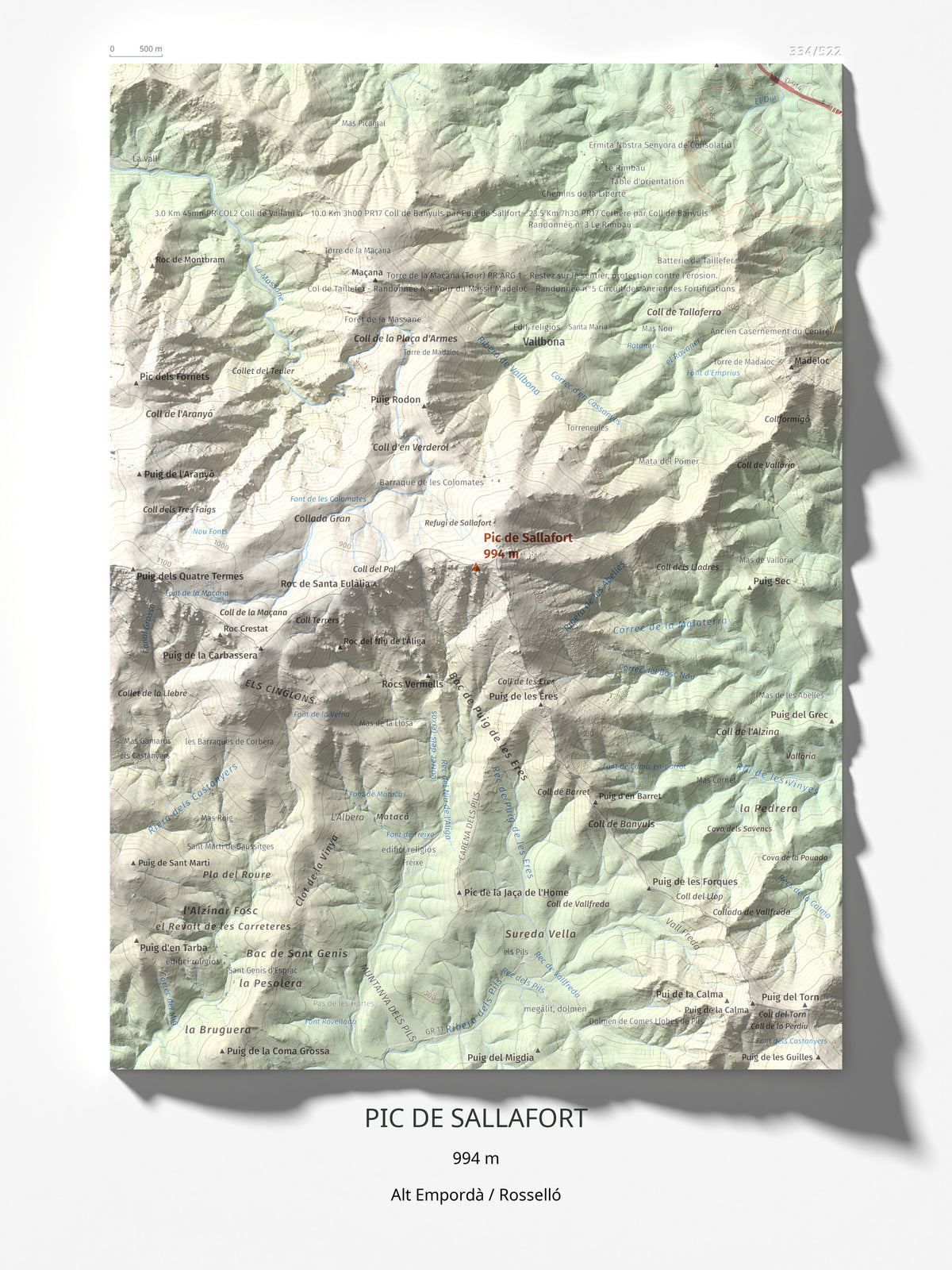 Mapa de relieve de Pic de Sallafort, 994 m, Alt Empordà · Rosselló, lámina 100 Cims de Trobart 30 × 40 cm.