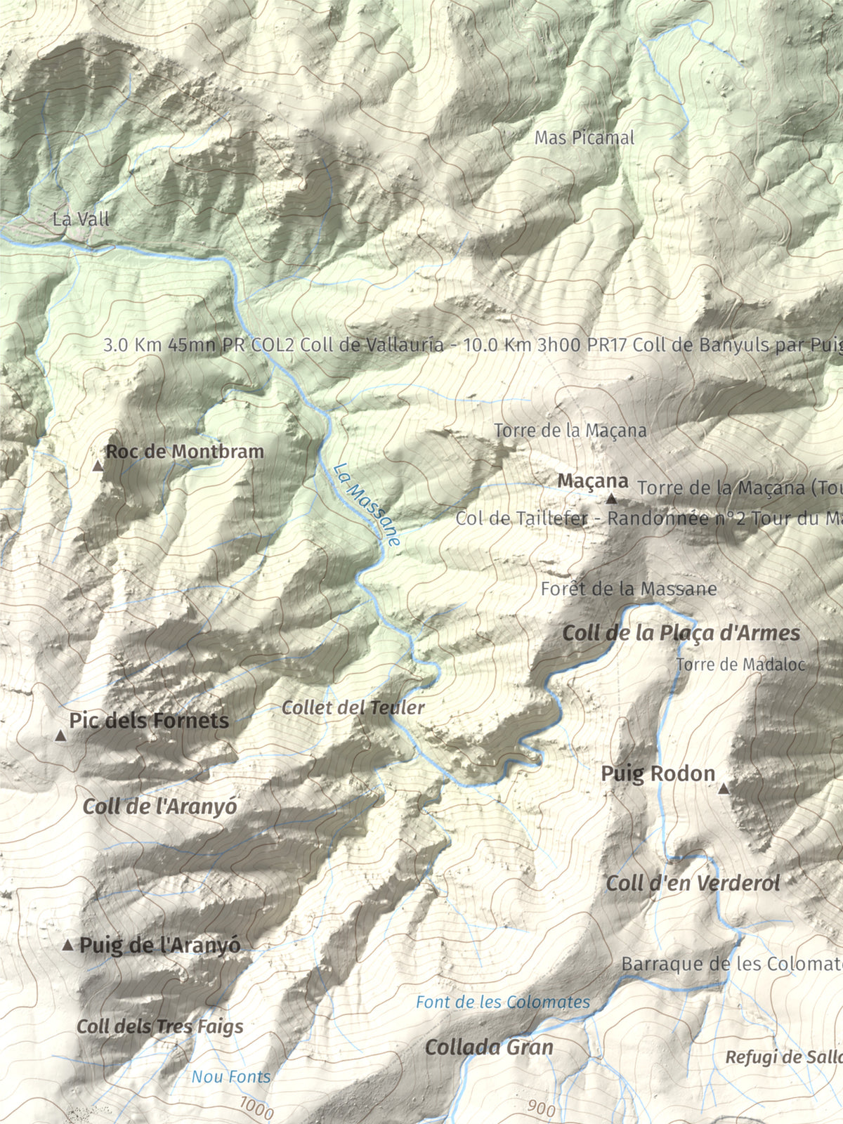 Mapa de relieve de Pic de Sallafort, 994 m, Alt Empordà · Rosselló, lámina 100 Cims de Trobart. Detalle de la zona superior izquierda. 30 × 40 cm.