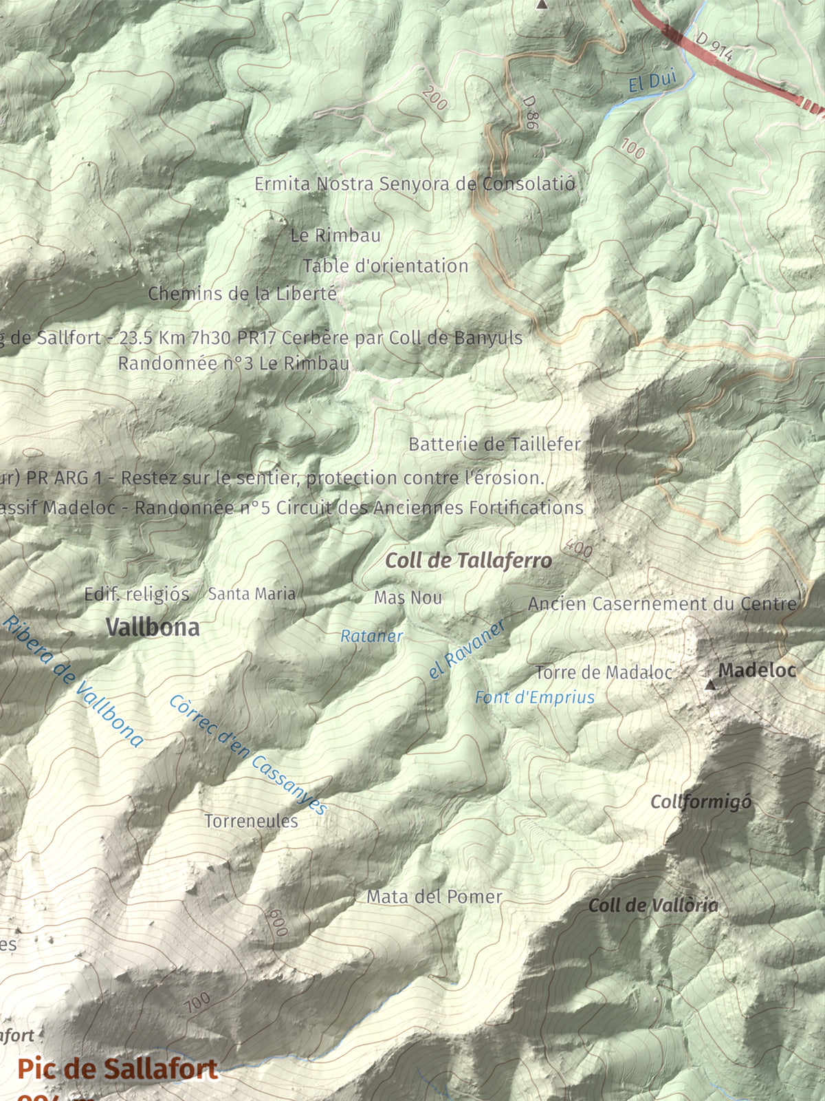 Mapa de relieve de Pic de Sallafort, 994 m, Alt Empordà · Rosselló, lámina 100 Cims de Trobart. Detalle de la zona superior derecha. 30 × 40 cm.