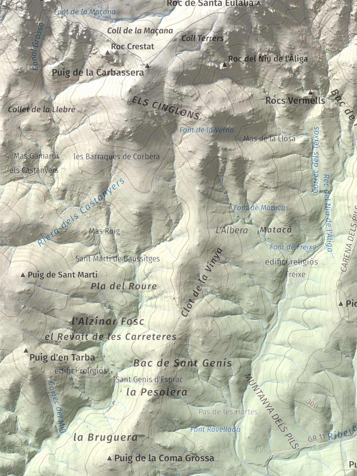 Mapa de relieve de Pic de Sallafort, 994 m, Alt Empordà · Rosselló, lámina 100 Cims de Trobart. Detalle de la zona inferior izquierda. 30 × 40 cm.
