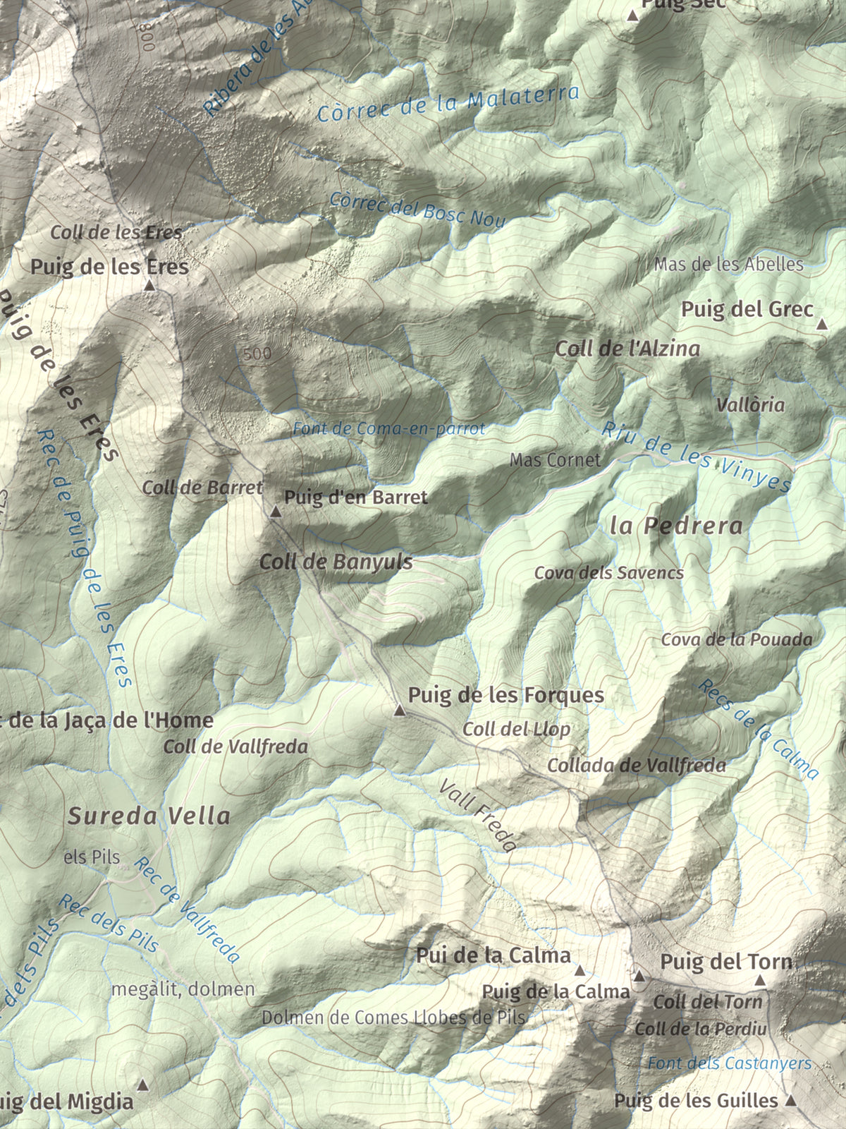 Mapa de relieve de Pic de Sallafort, 994 m, Alt Empordà · Rosselló, lámina 100 Cims de Trobart. Detalle de la zona inferior derecha. 30 × 40 cm.