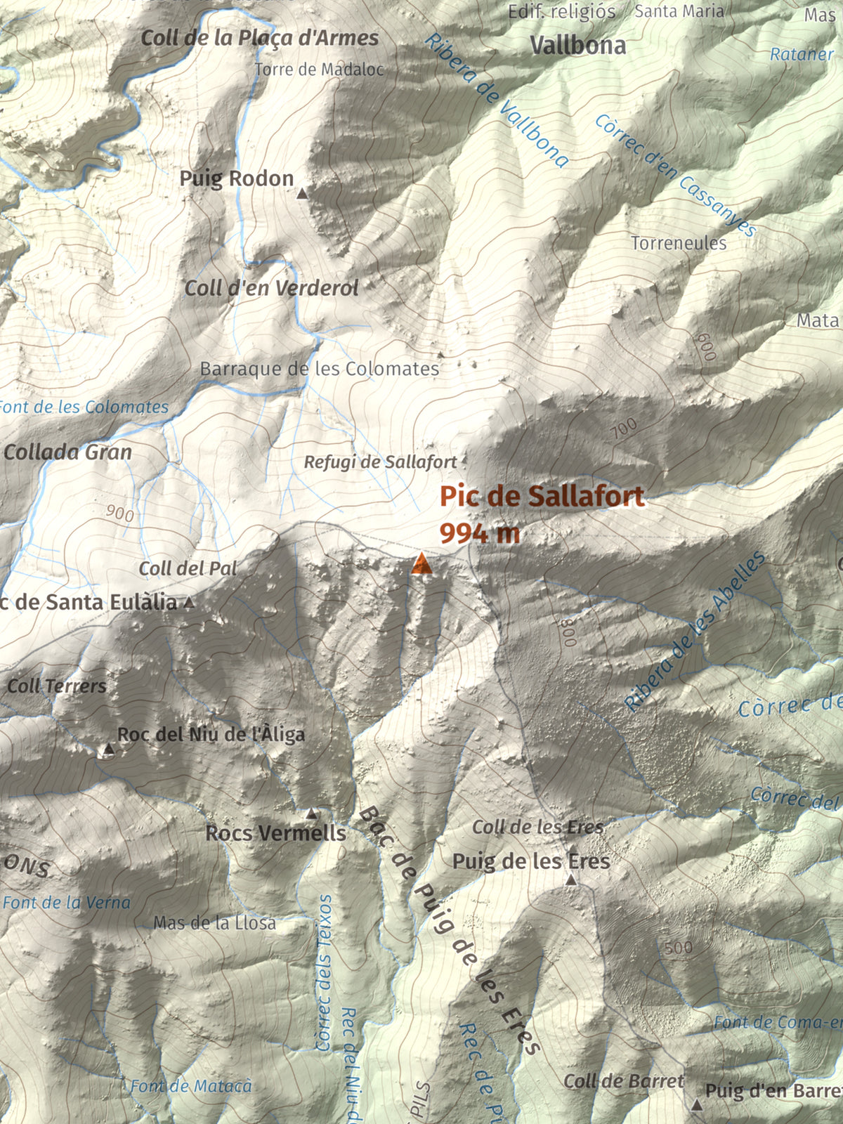 Mapa de relieve de Pic de Sallafort, 994 m, Alt Empordà · Rosselló, lámina 100 Cims de Trobart. Detalle de la zona central. 30 × 40 cm.