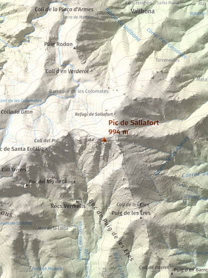 Mapa de relieve de Pic de Sallafort, 994 m, Alt Empordà · Rosselló, lámina 100 Cims de Trobart. Detalle de la zona central. 30 × 40 cm.