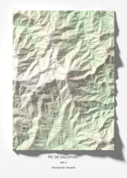 Mapa de relieve de Pic de Sallafort, 994 m, Alt Empordà · Rosselló, lámina 100 Cims de Trobart 50 × 70 cm.
