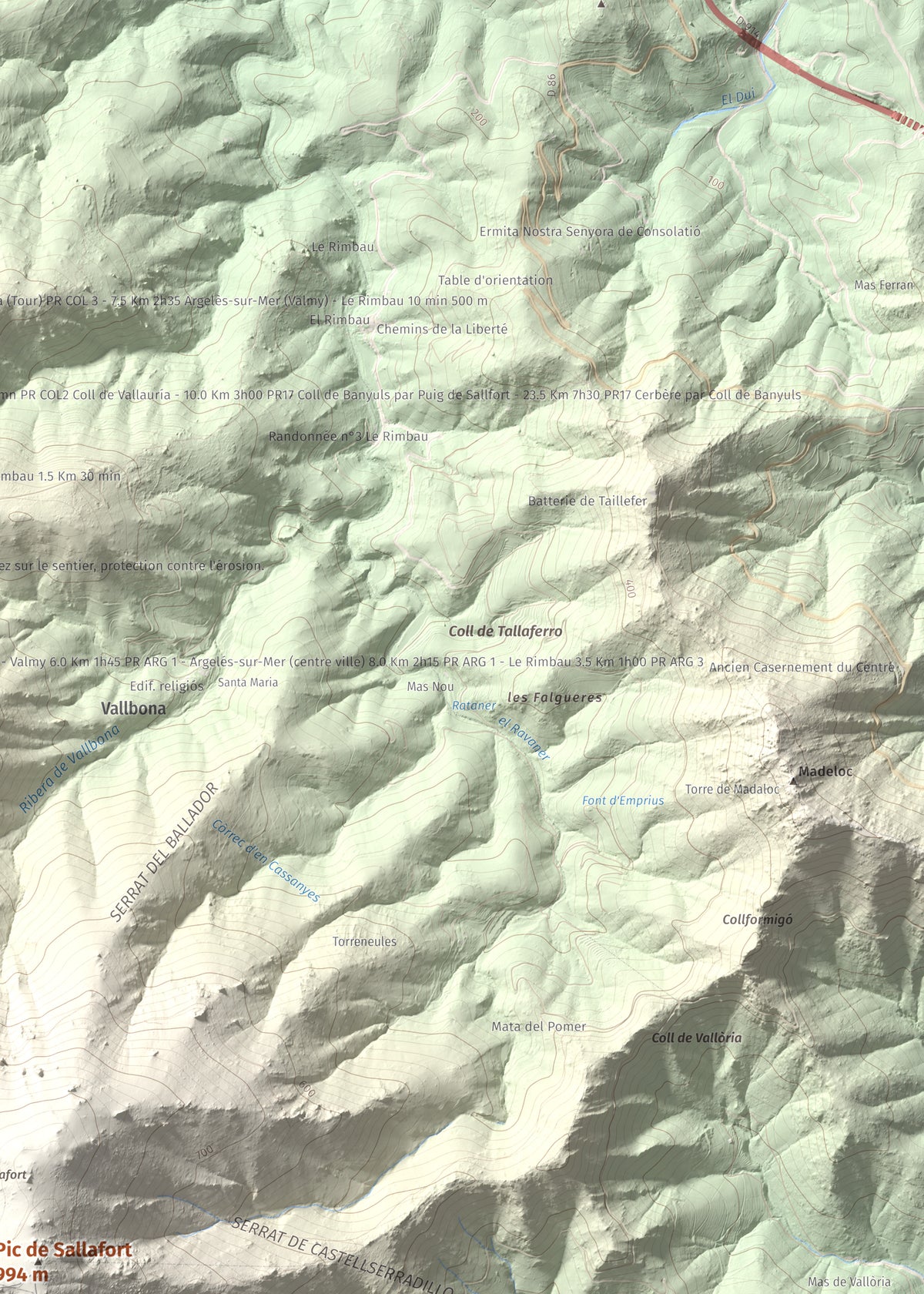 Mapa de relieve de Pic de Sallafort, 994 m, Alt Empordà · Rosselló, lámina 100 Cims de Trobart. Detalle de la zona superior derecha. 50 × 70 cm.