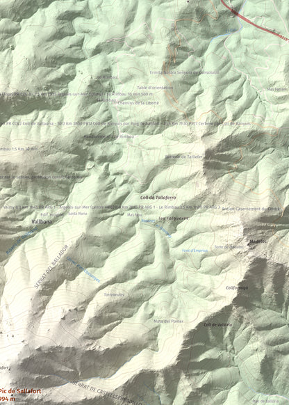 Mapa de relieve de Pic de Sallafort, 994 m, Alt Empordà · Rosselló, lámina 100 Cims de Trobart. Detalle de la zona superior derecha. 50 × 70 cm.