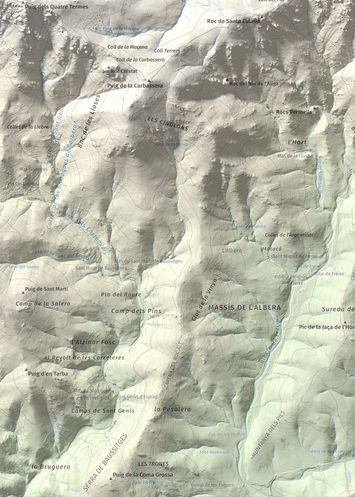 Mapa de relieve de Pic de Sallafort, 994 m, Alt Empordà · Rosselló, lámina 100 Cims de Trobart. Detalle de la zona inferior izquierda. 50 × 70 cm.