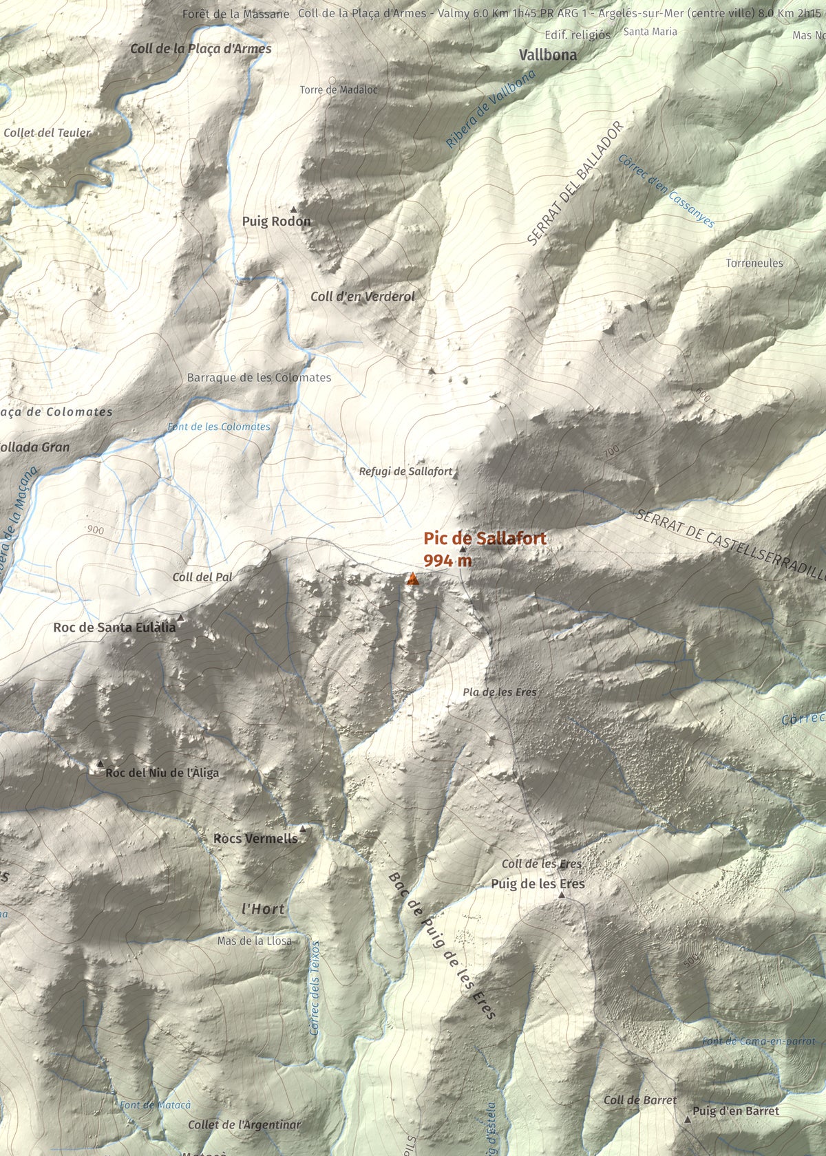 Mapa de relieve de Pic de Sallafort, 994 m, Alt Empordà · Rosselló, lámina 100 Cims de Trobart. Detalle de la zona central. 50 × 70 cm.