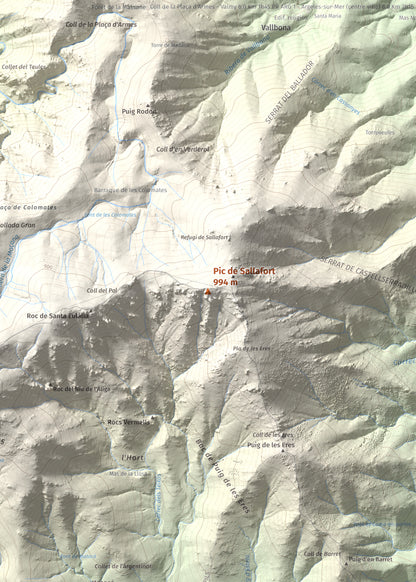 Mapa de relieve de Pic de Sallafort, 994 m, Alt Empordà · Rosselló, lámina 100 Cims de Trobart. Detalle de la zona central. 50 × 70 cm.