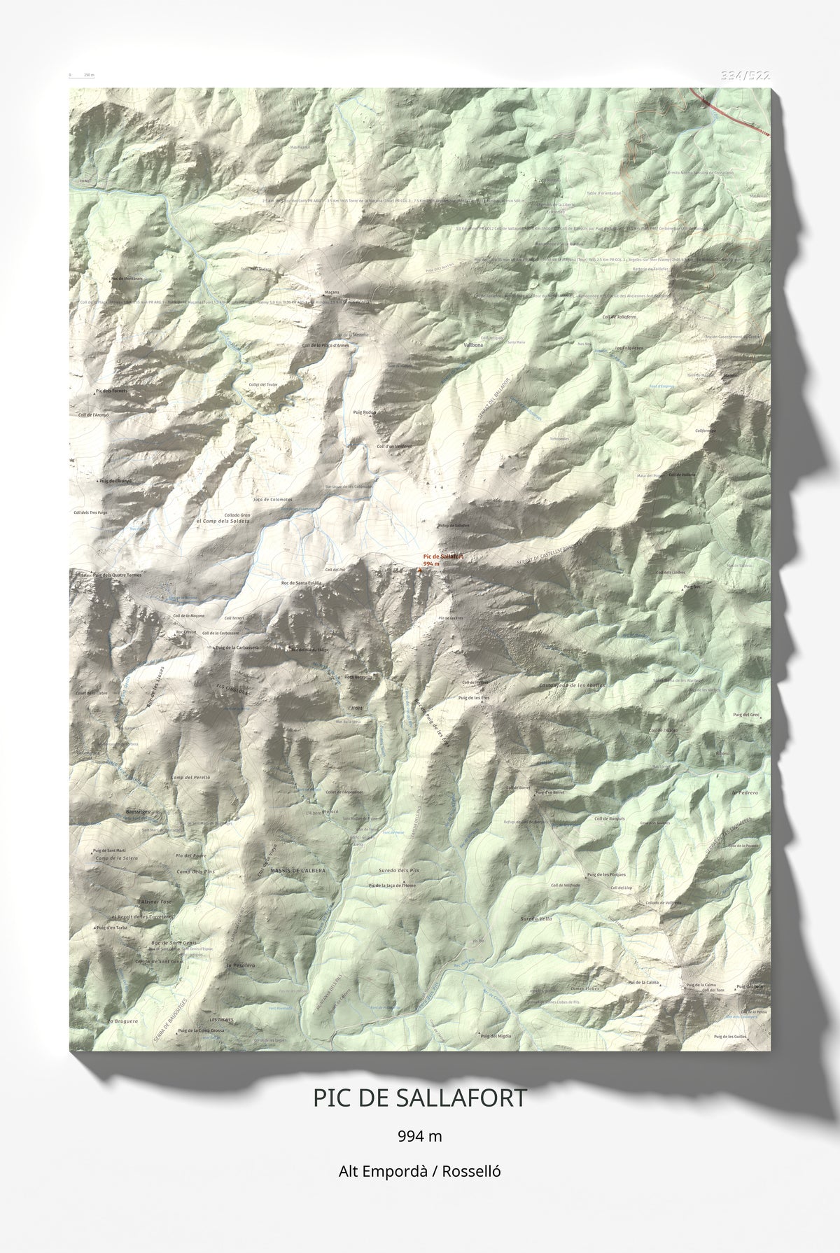 Mapa de relieve de Pic de Sallafort, 994 m, Alt Empordà · Rosselló, lámina 100 Cims de Trobart 61 × 91 cm.