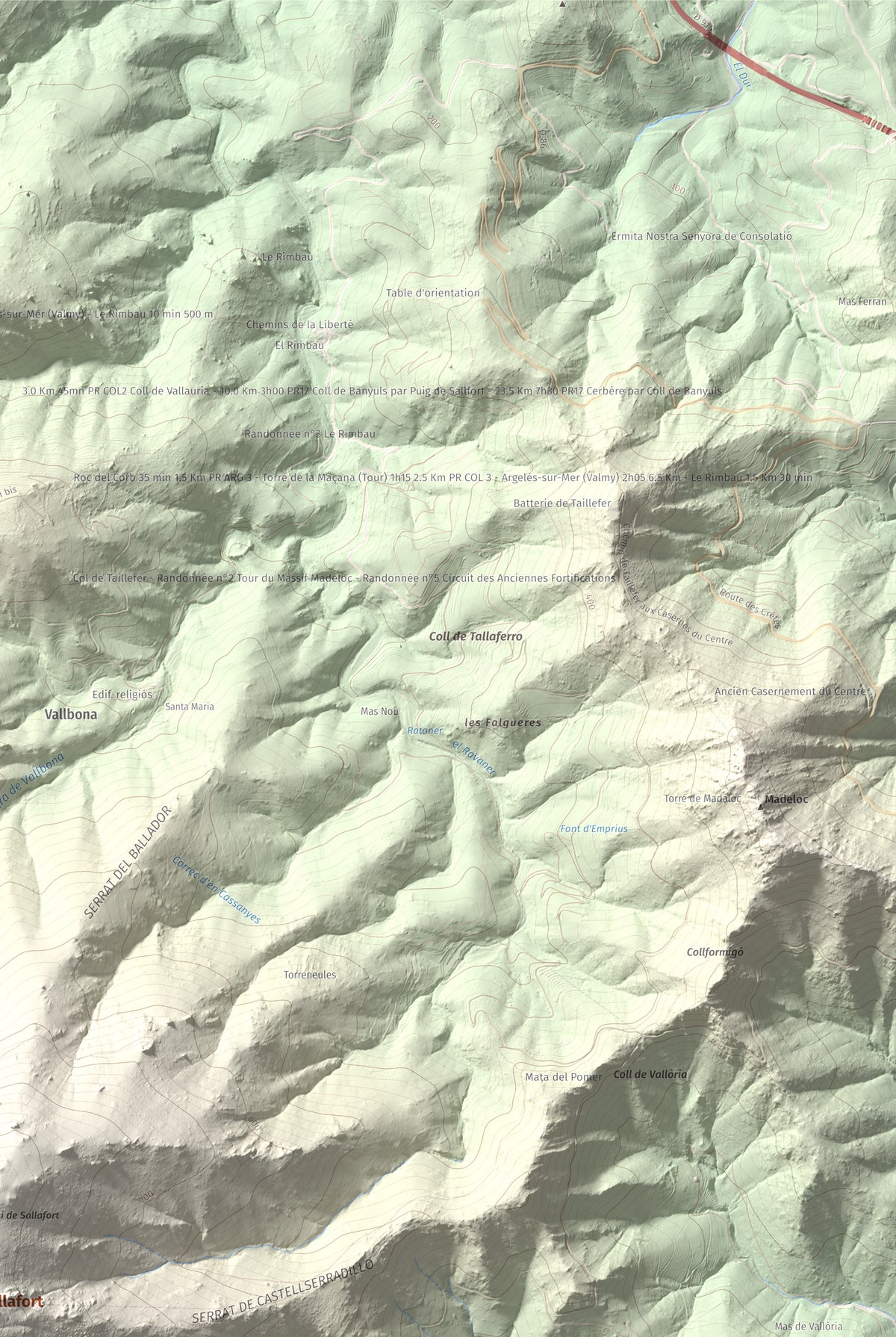 Mapa de relieve de Pic de Sallafort, 994 m, Alt Empordà · Rosselló, lámina 100 Cims de Trobart. Detalle de la zona superior derecha. 61 × 91 cm.