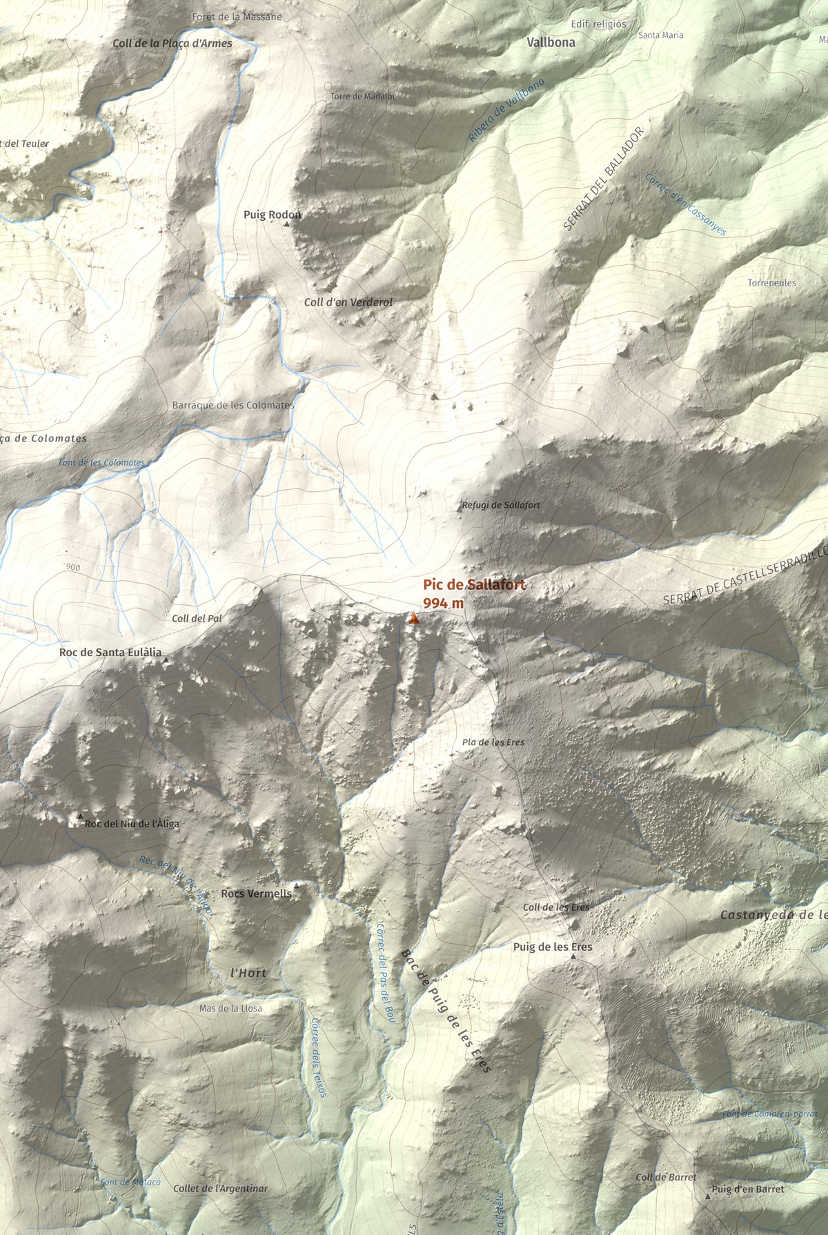 Mapa de relieve de Pic de Sallafort, 994 m, Alt Empordà · Rosselló, lámina 100 Cims de Trobart. Detalle de la zona central. 61 × 91 cm.