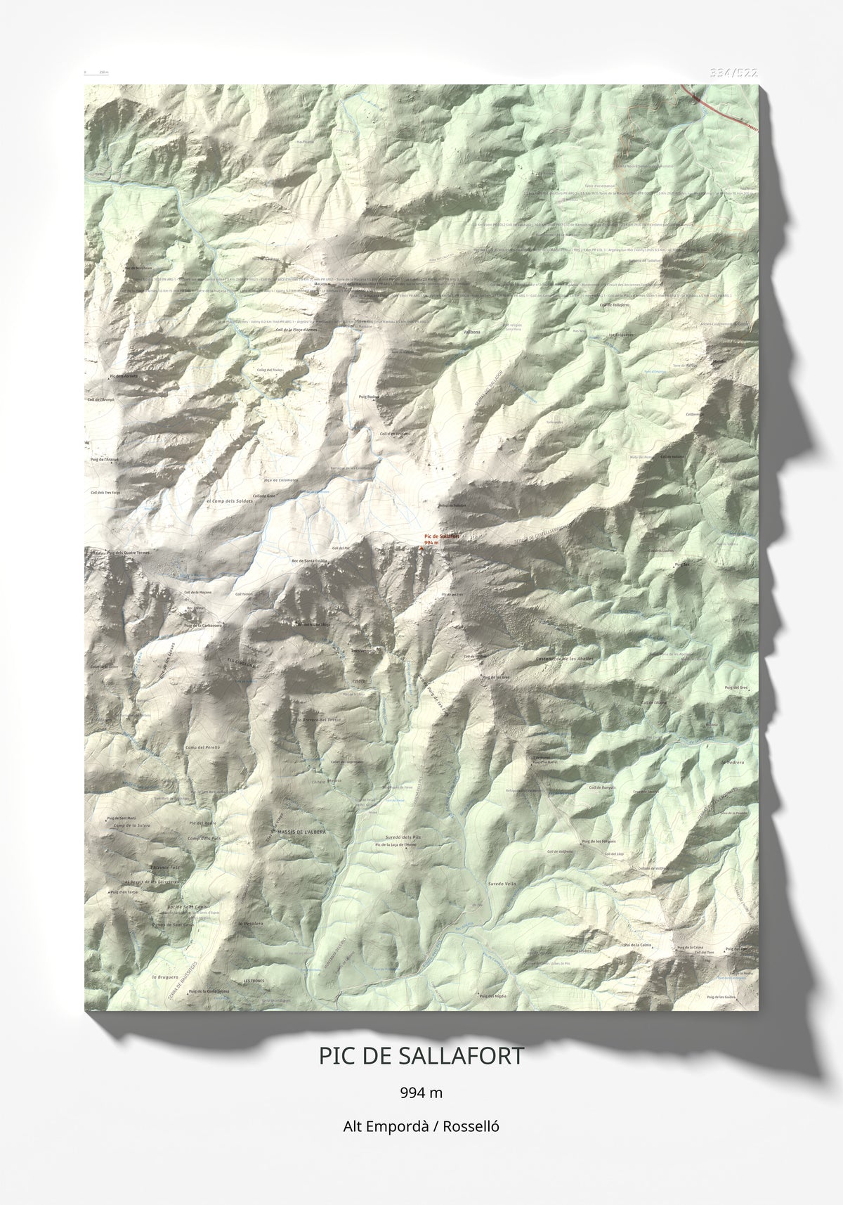 Mapa de relieve de Pic de Sallafort, 994 m, Alt Empordà · Rosselló, lámina 100 Cims de Trobart 70 × 100 cm.